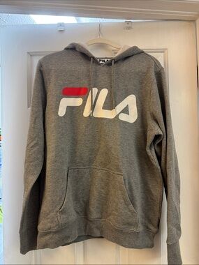 Fila Men's Grey Hoodie with White Logo and Red Accent